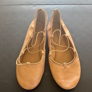 Lucky Brand Women's Tan Leather Lace-Up Ballet Flats with Elastic Straps
